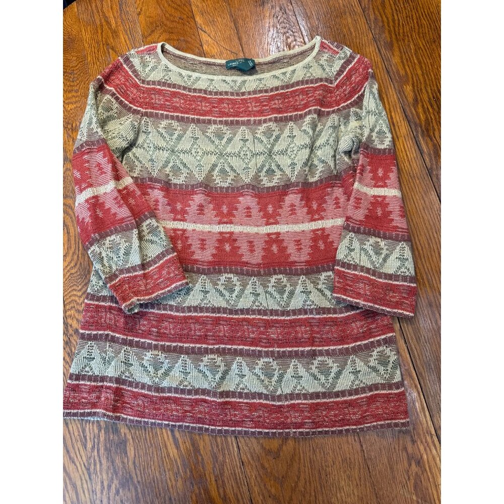 Lauren Jeans‎ Co. Women's Western  M Knit Top Red/Beige Cotton/Linen Blend